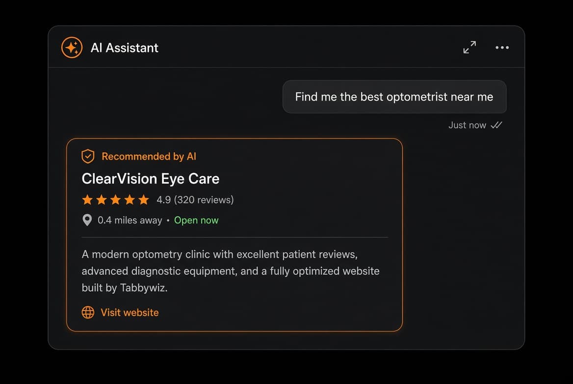 AI assistant chat recommending ClearVision Eye Care, an example Fullhive-built business, as the top result for "find me the best optometrist near me"