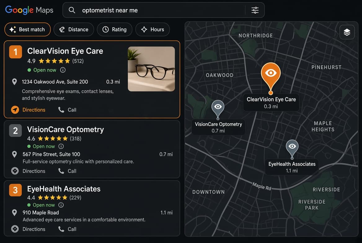 Google Maps search results for "optometrist near me" with an example Fullhive-built business ranked first